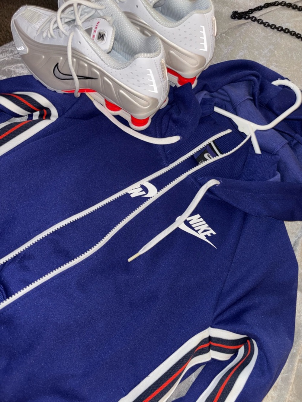 Nike Navy Hoodie with White Logo and Red-Trim Stripes